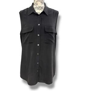 Equipment Femme Size M Black 100% Silk Sleeveless Button Blouse Classic Designer